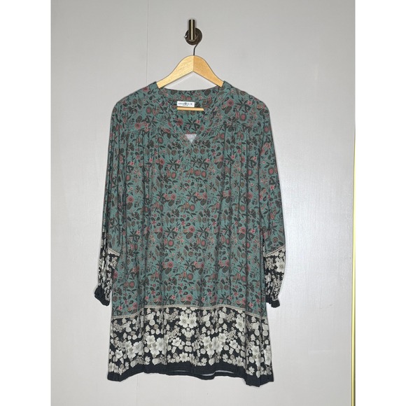 NATURAL LIFE Tops - Natural Life Boho Floral Border Print Tunic Top Rayon Long Sleeve Medium
